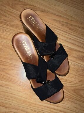 Italian Shoemakers Black Crisscross Wedge Mules